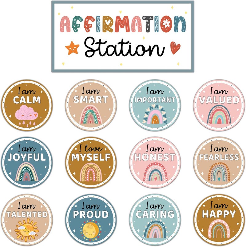 DINIZON Boho Rainbow Motivational Bulletin Board Sets, Positive Affirmations Station Classroom Decor, Bulletin Board Decorations, Back to School Supplies, Teacher Supplies, Teacher Deals (Boho) - Image 1